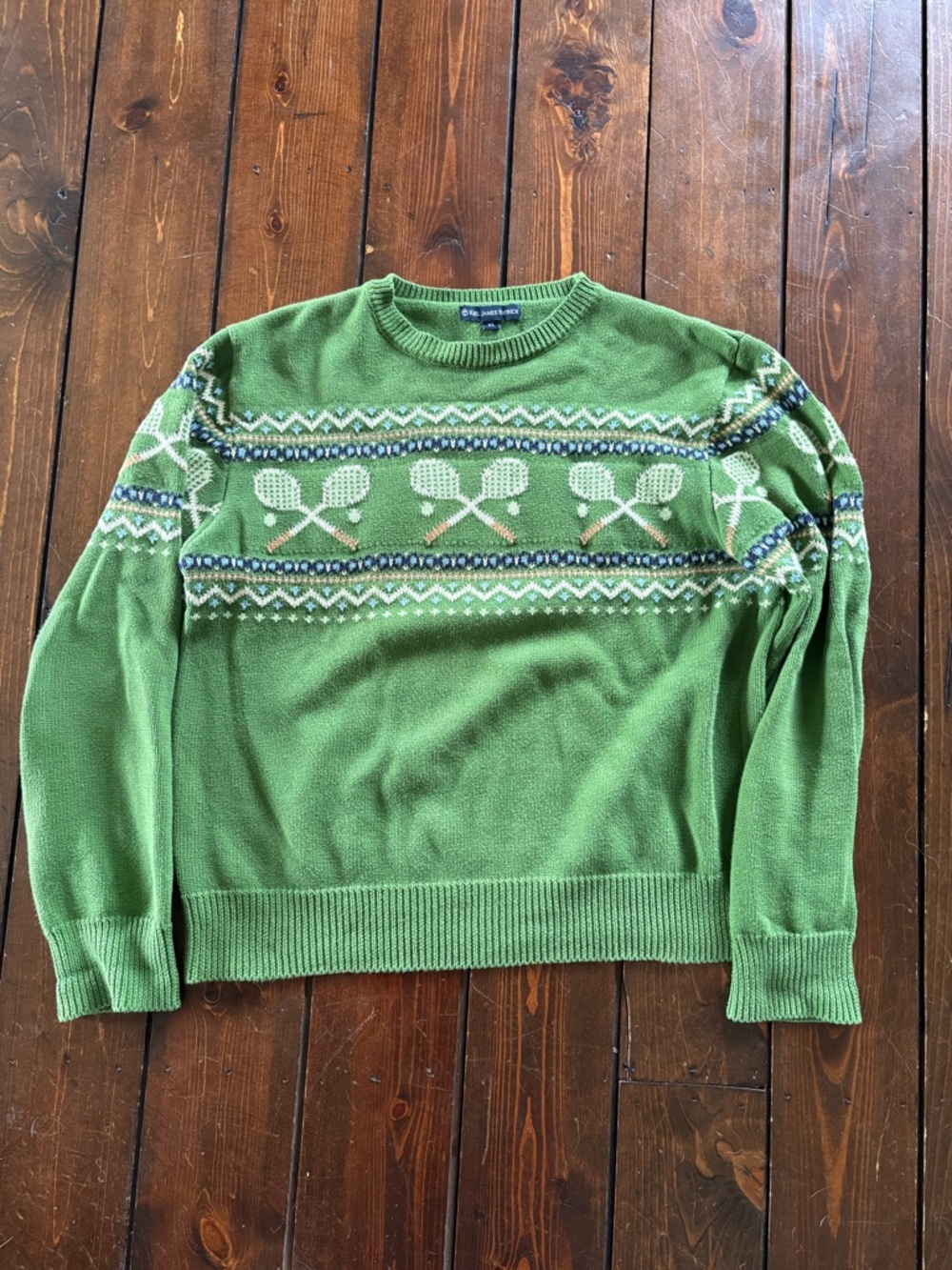 Kiel James Patrick Green Crewneck Sweater with Tennis Rackets